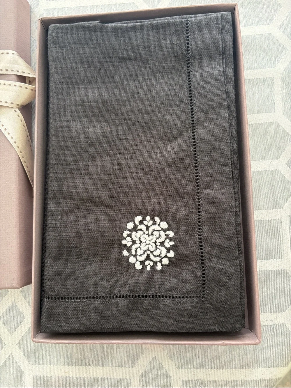 SFERRA Classic Black Linen Dinner Napkins with White Embroidered Motif